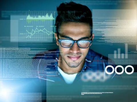 Stats, overlay and a man with data for coding, programming or cloud computing at Stock Photos