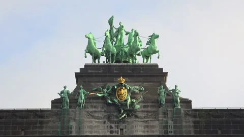 Statuary on Triumphal Arch in Park Cinquantenaire of Brussels Stock Footage 283502292