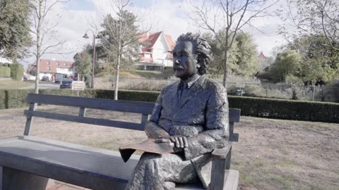 Statue Of Albert Einstein Sitting On A Park Bench In De Haan, Belgium - Stock Footage 220267750