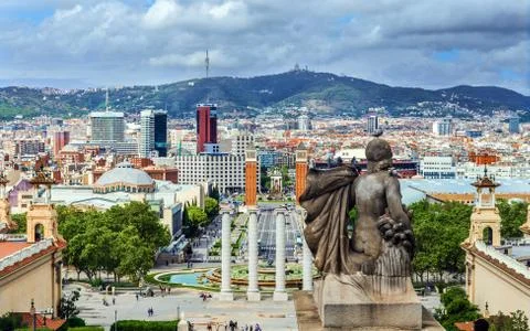 Statue and Barcelona view Stock Photos