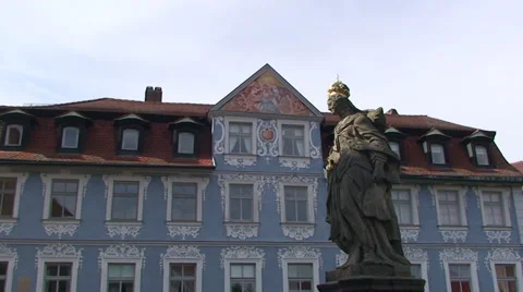Statue and blue building in Bamberg Stock Footage 33472673
