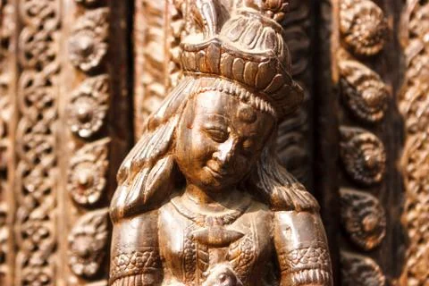 Statue and decorations of the temples in Durbar square, Kathmandu, Nepal Stock Photos