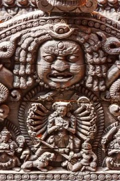 Statue and decorations of the temples in Durbar square, Kathmandu, Nepal Stock Photos