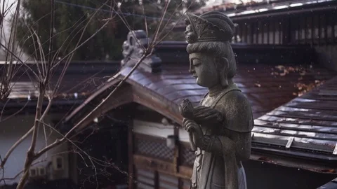 Statue and house during snowfall Stock Footage 79441823