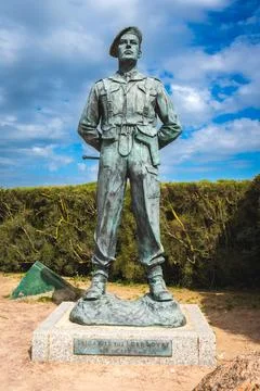 Statue and memorial for Lord Lovat at Sword beach, normandy, France Stock Photos