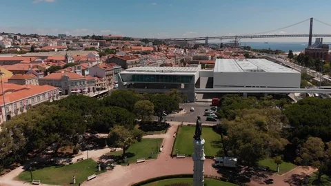 Statue and park Afonso de Albuquerque in Belem parish in Lisbon aerial footage Video stock 107992203