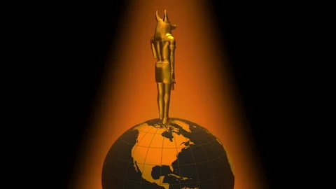 A statue of Anubis (Egypt) orbiting a sphere (Earth) Stock Footage 345434138