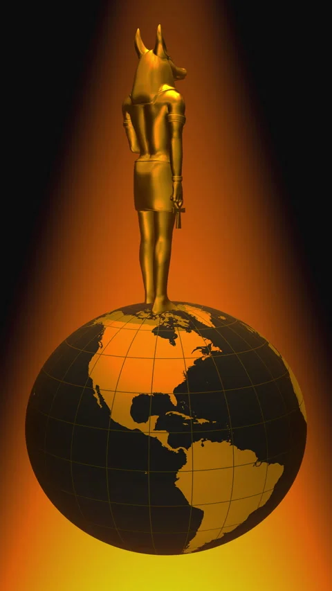 A statue of Anubis (Egypt) orbiting a sphere (Earth) Stock Footage 345434964