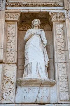 A statue of Arete, Virtue, at the Library of Celsus at the ancient Greek-Roman Stock Photos