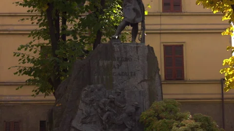 Statue on the background of the house Stock Footage 147076503