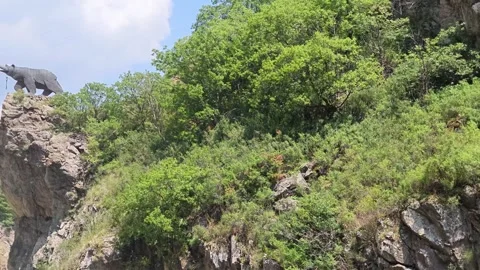 Statue of bear perched on cliff edge amid forested mountains in Kajaran Stock Footage 339645635