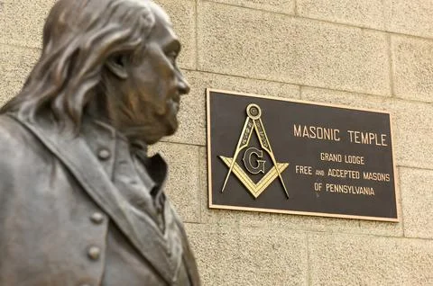 Statue of Benjamin Franklin in front of Masonic Temple Stock Photos