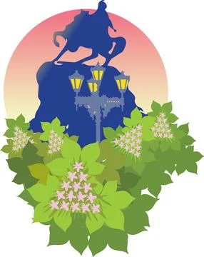 Statue of Bogdan Khmelnytsky in Kyiv and flowering chestnut trees. Stock Illustration