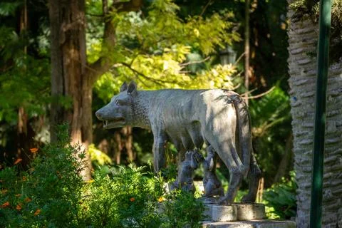 A statue of the Capitoline Wolf surrounded by lush greenery Stock Photos
