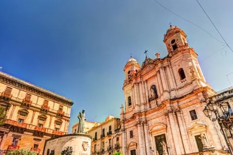 Statue of Cardinal Giuseppe Dusmet in front of Saint Francis Church in Catania Stock Photos