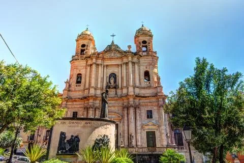 Statue of Cardinal Giuseppe Dusmet in front of Saint Francis Church in Catania Stock Photos