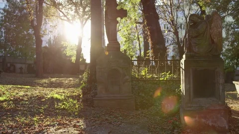 Statue Cemetery Sunlight Right - 4k - Slow motion Stock-Footage 72356677