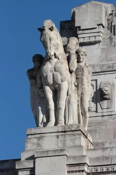 Statue of Central railway station, Milan Stock Photos