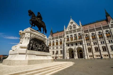 Statue of Count Gyula Andrassy in front of Hungarian Parliament Building. Stock Photos