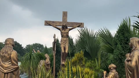 A statue of the crucifixion of Jesus. It is located inside Bandel Church in West Stock Footage 313503308