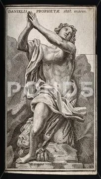 Statue of Daniel praying in the lion's den. Etching.: Royalty Free