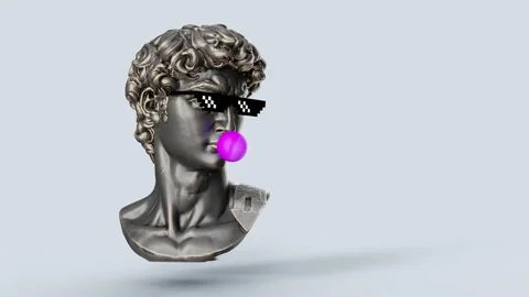 Statue of david with 8 bit glasses turns and pops the gum Stock Footage 151349844