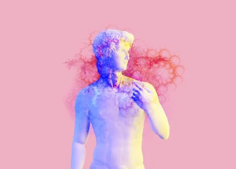 Statue of David with paint splatter on pink background, 3d render Stock-Illustration