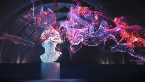 Statue of David's head wearing VR glasses surrounded by digital data streams Stock Footage 290311214