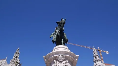 Statue of Dom Pedro IV, built 1866 in Porto, Portugal. Sunny day with blue sky. Stock Footage 104991542