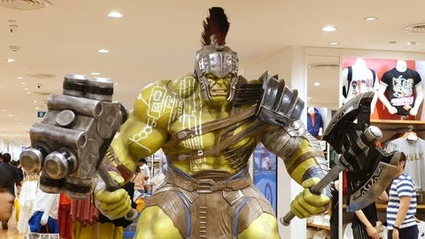 Statue Of Fictional Comic Superhero Hulk At Clothing Store At Shopping Mall. Stock Footage 101013784