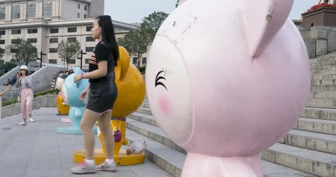 Statue Figures With Tourists Cute Close Up Xian China Stock Footage 93498672