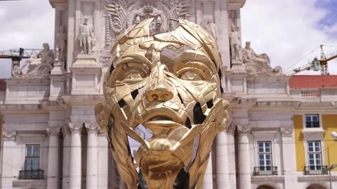 Statue in front of Rua Augusta Arch, Commerce Square, Praca de Comercio plaza Stock Footage 222157239