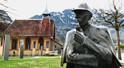 Statue in Front of the Sherlock Holmes Museum (Meiringen, Switzerland) Stock Photos