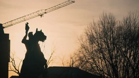 Statue In Front Of White House With Crane Moving Behind It Stock Footage 171937599