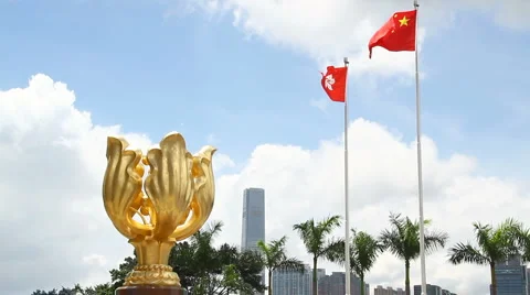 Statue of the Golden Bauhinia with China and Hong Kong flags flying Stock Footage