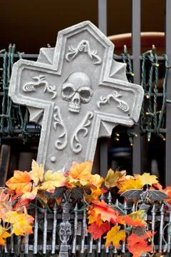 Statue of gravestone at a window basket Stock Photos