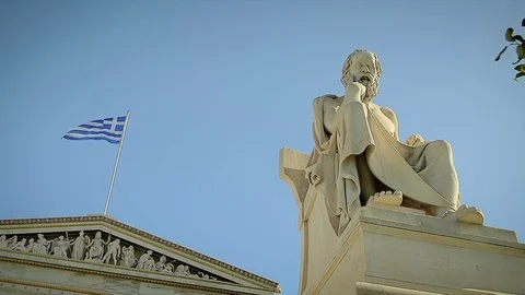 Statue of the Greek Philosopher Socrates background of Greek Flag Video stock 73118809