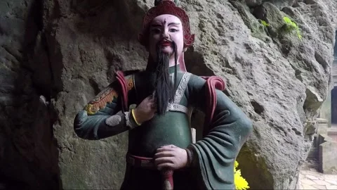 Statue of Guard at Sacred place inside cave, Marble mountains, Da Nang, Vietnam Stock Footage 155169211
