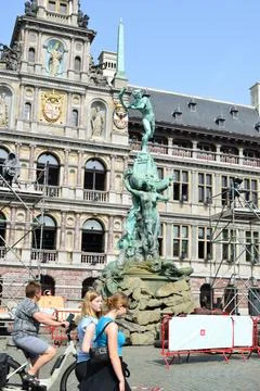 Statue hand throwing square Grote Markt Antwerpen city Stock Photos