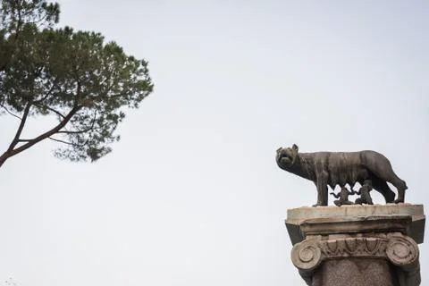 Statue of the historical legend of Romulus and Remus fed by the wolf in Rome Stock Photos