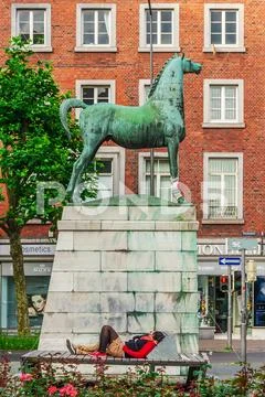 Statue of a horse at the Theatre square Aachen Stock Photos