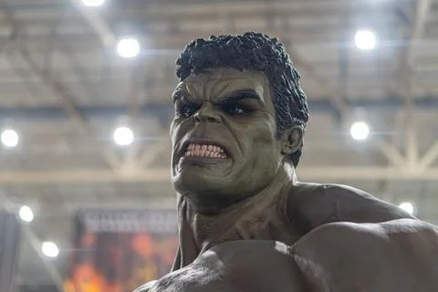 Statue of Hulk character from Marvel Comics, depicted in muscular profile a.. Stock Photos