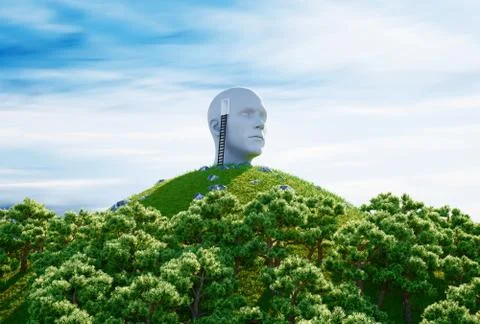 Statue human head and ladder on a hill. Surreal concept. 3d rendering Stock Illustration