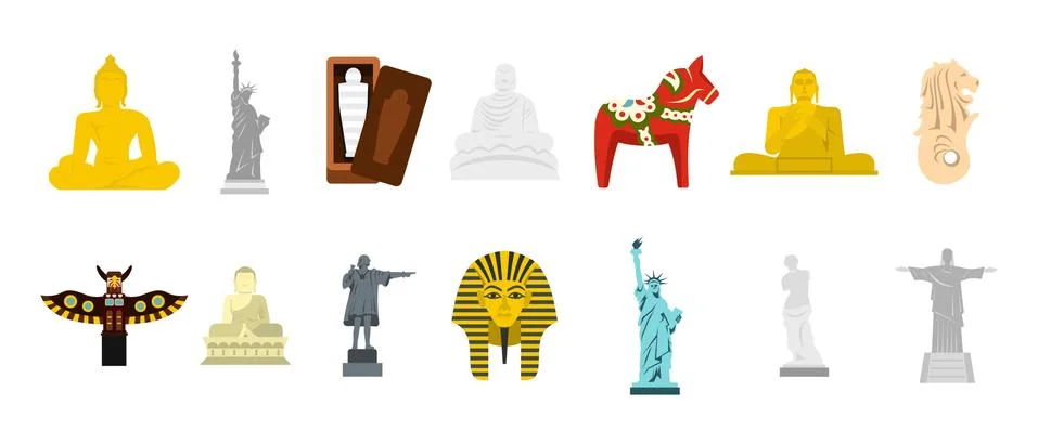 Statue icon set, flat style Illustrazione stock