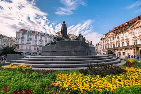 Statue of Jan Hus on Prague Old Town Square Stock Photos