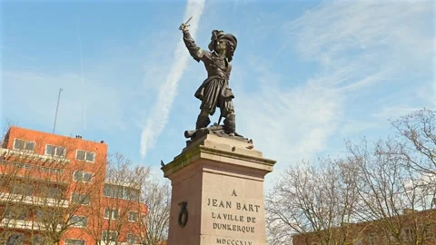 Statue of Jean Bart with raised sword in Dunkirk France April 26 2023 Stock Footage 335379337