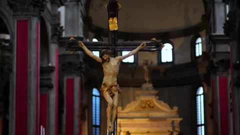 Statue of Jesus Christ on the Cross Inside Historic Church in Italy Stock Footage 309882374
