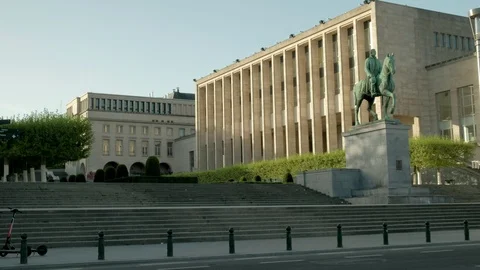 The Statue of King Albert with the Royal Library of Belgium Stock Footage 110894104