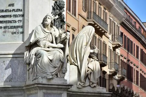 Statue of King David on the basement of Column of Immaculate Conception in Rome Stock Photos