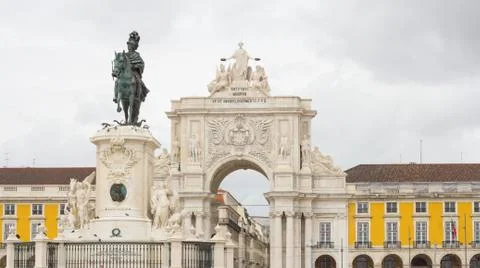 Statue of King Joseph I and the triumphal arch in commerce square in Lisbon Stock Photos